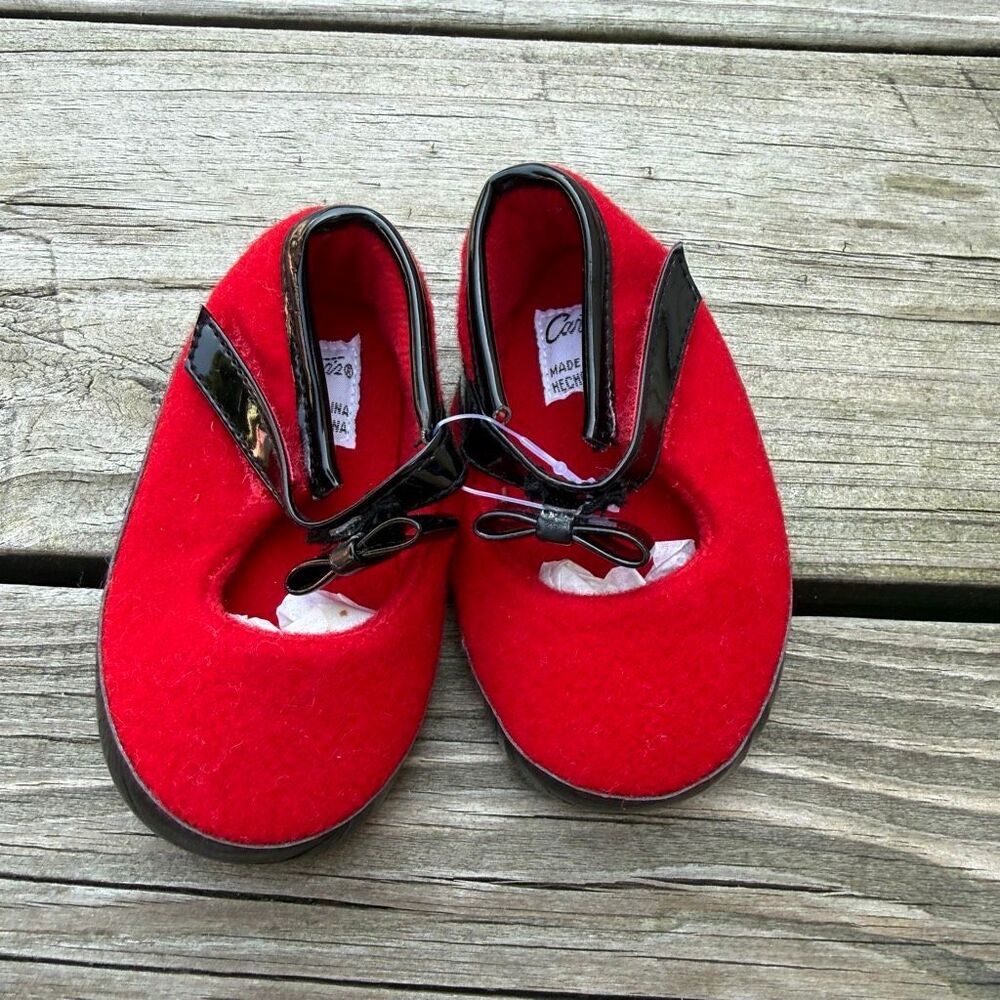 Vintage Carter’s Red Wool Mary Jane Bow Baby Shoes Size 1 Deadstock